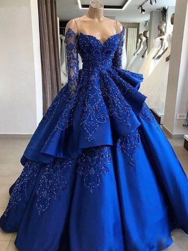 Delicate Sparkly Beading Ball Gown Satin Royal Blue Prom Dress with Sleeves Quinceanera Dress,GDC1286-Dolly Gown