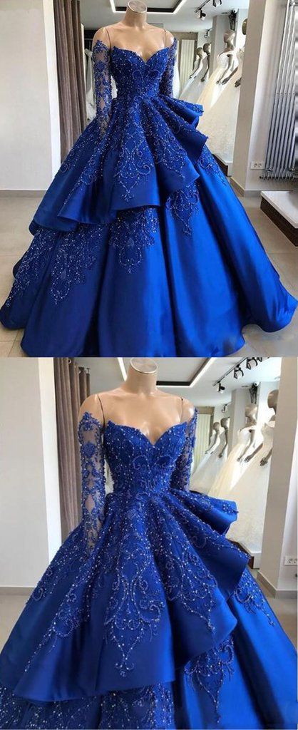 Delicate Sparkly Beading Ball Gown Satin Royal Blue Prom Dress with Sleeves Quinceanera Dress,GDC1286-Dolly Gown