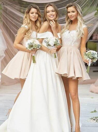 Off Shoulder Dusty Pink Short Midi Length Bridesmaid Dresses Off Shoulder Dusty Pink Short Midi Length Bridesmaid Dresses