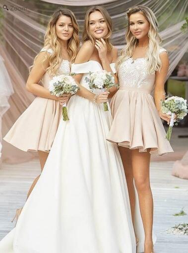 Discount Off Shoulder Blush Pink Short Midi Length Bridesmaid Dresses ,GDC1208-Dolly Gown