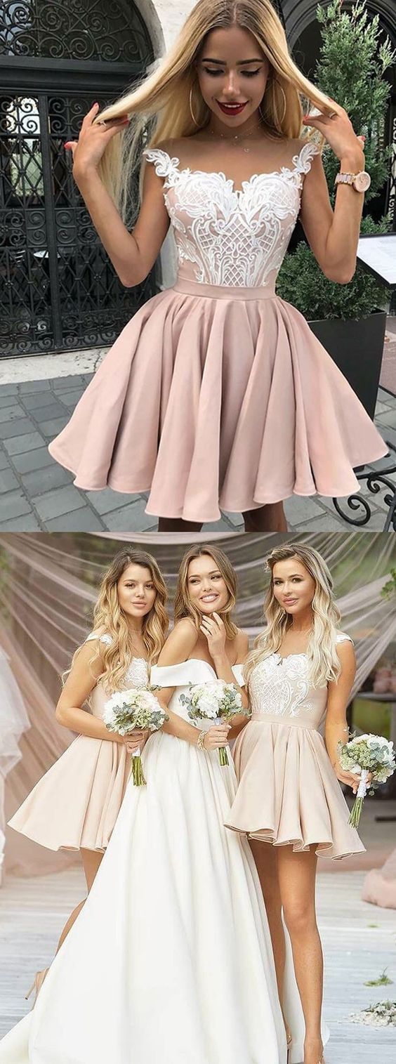 Discount Off Shoulder Blush Pink Short Midi Length Bridesmaid Dresses ,GDC1208-Dolly Gown