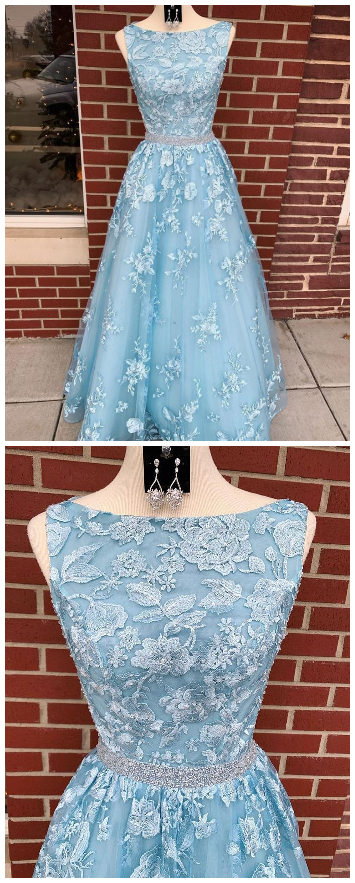 Dusty Blue 2021 A-line Backless Prom Dress Long Dusty Blue Lace Formal Dress #21011220-Dolly Gown