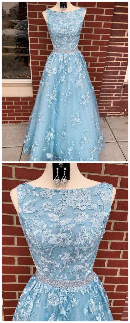 Dusty Blue 2021 A-line Backless Prom Dress Long Dusty Blue Lace Formal Dress #21011220-Dolly Gown