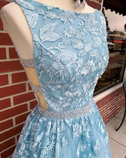 Dusty Blue 2021 A-line Backless Prom Dress Long Dusty Blue Lace Formal Dress #21011220-Dolly Gown