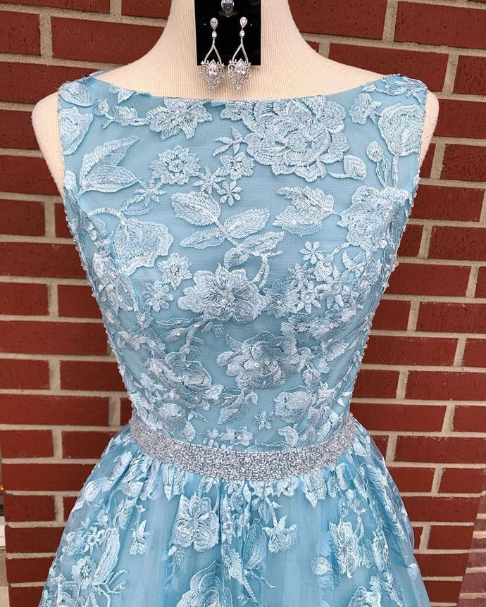 Dusty Blue 2021 A-line Backless Prom Dress Long Dusty Blue Lace Formal Dress #21011220-Dolly Gown