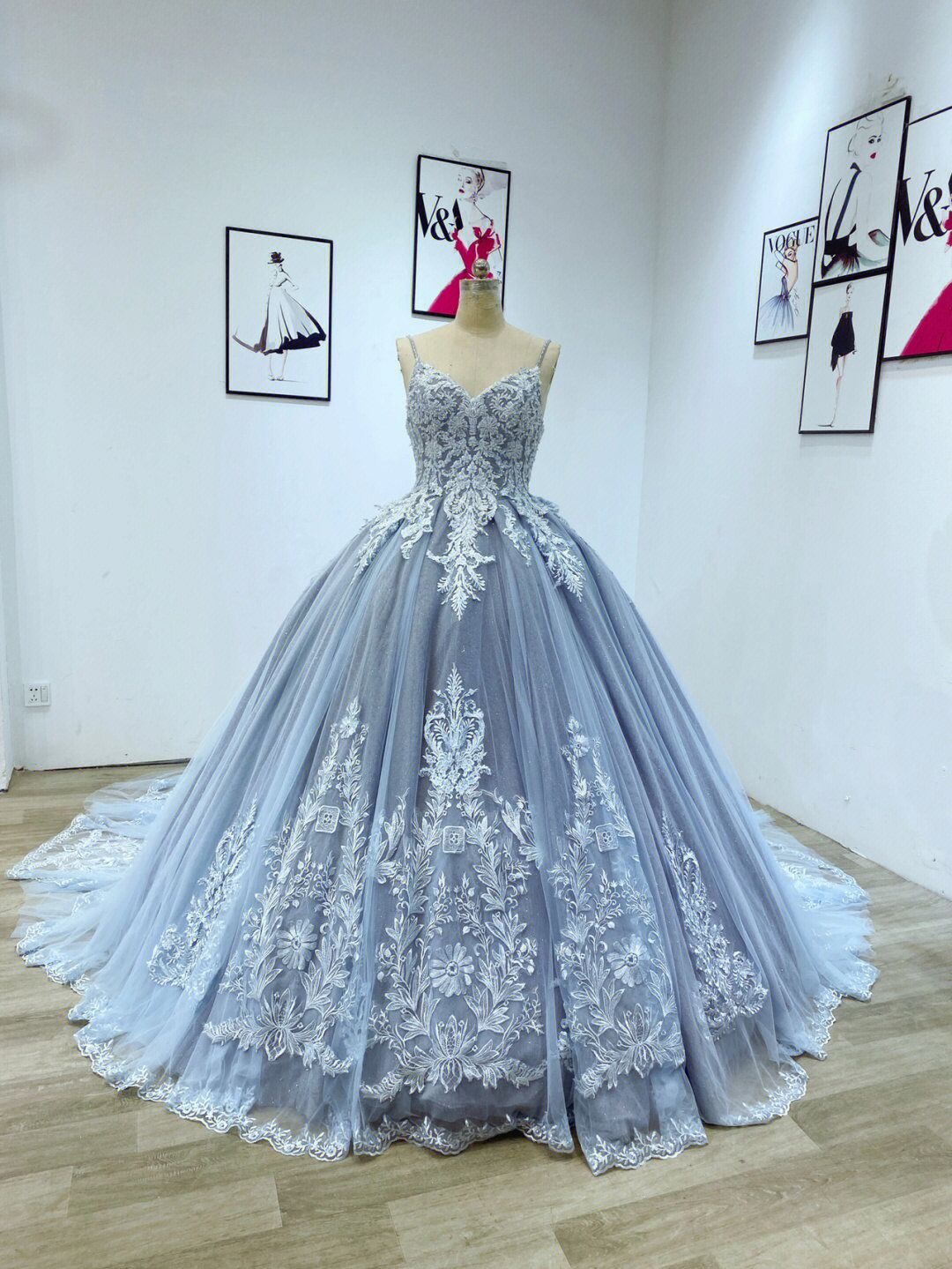 Dusty Blue Lace Ball Gown Puffy Quinceanera Dress Dusty Blue Lace Ball Gown Puffy Quinceanera Dress