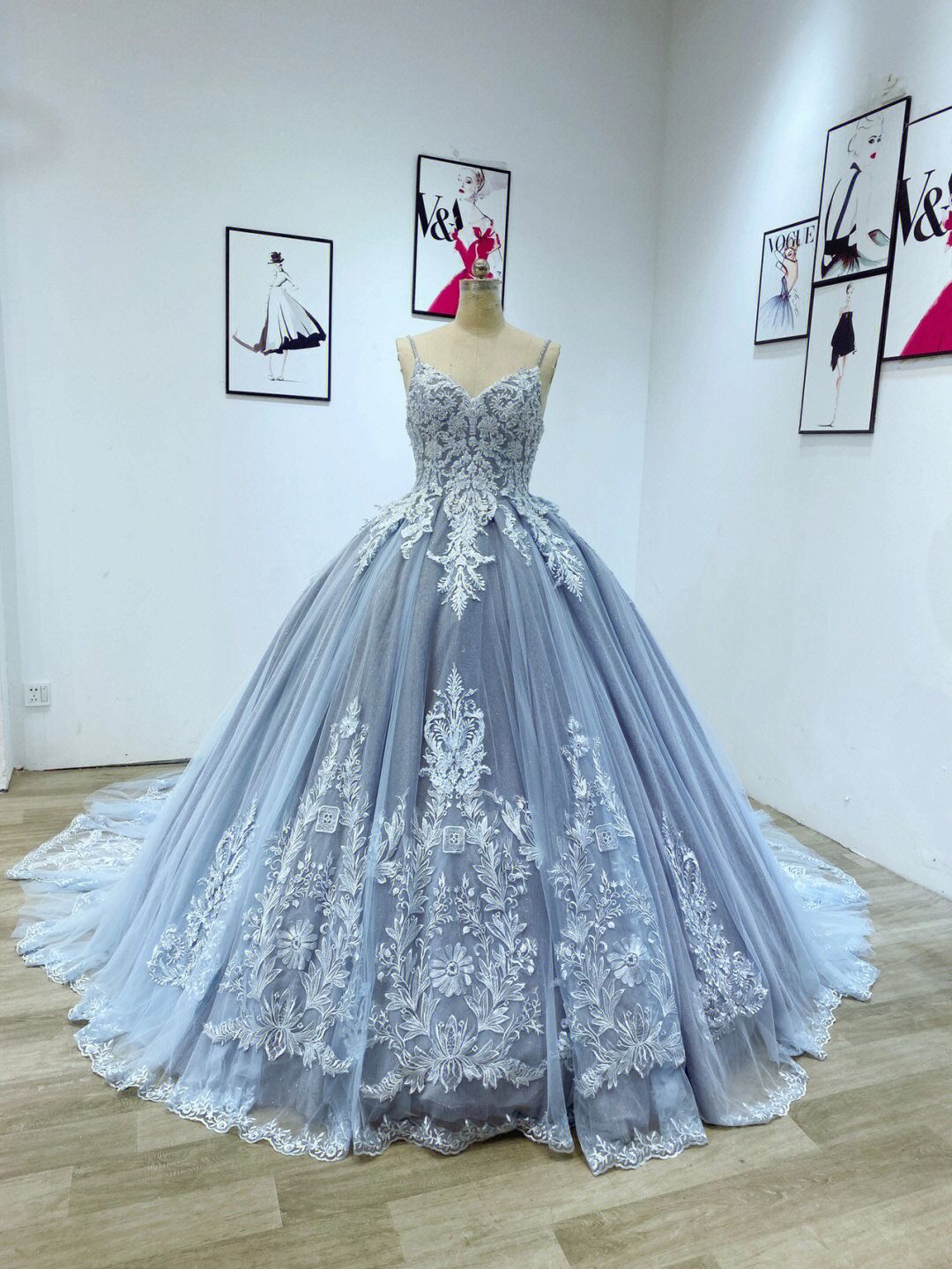 Dusty Blue Lace Ball Gown Puffy Quinceanera Dress - DollyGown