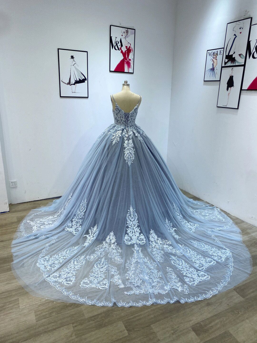 Dusty Blue Lace Ball Gown Puffy Quinceanera Dress - DollyGown