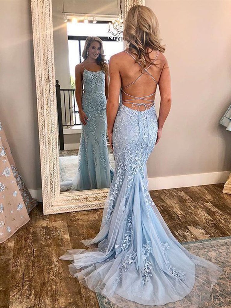 Dusty Blue Lace Mermaid Prom Dress Formal Dress Backless Tight Prom Dress 21010101-Dolly Gown