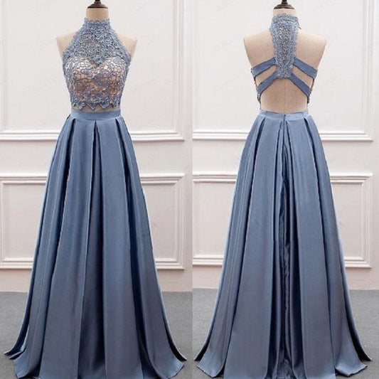 Dusty Blue Prom Dress,Two Piece Prom Dress,Lace Top Prom Dress,Graduation Dresses for 8th Grade,20082014-Dolly Gown