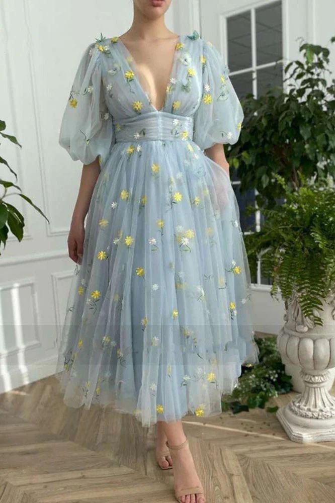 dusty blue tea length dress Modest Dusty Blue Bridesmaid Dresses Tea-Length Short Sleeves Ruffles