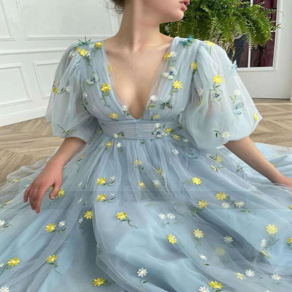 Dusty Blue Tea Length Wedding Reception Dress with Bubble Sleeves Dusty Blue Tea Length Wedding Reception Dress with Bubble Sleeves