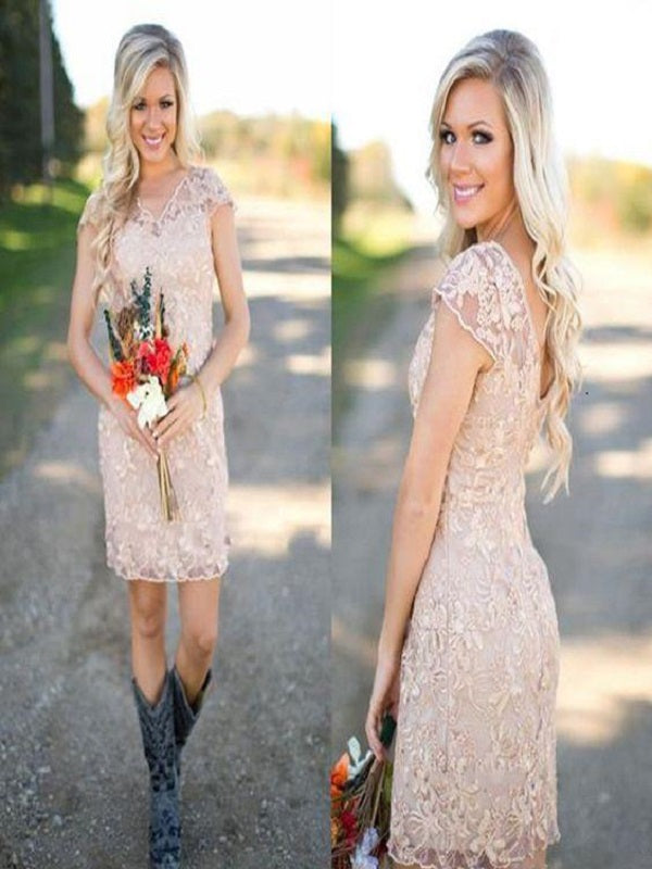 Dusty Pink Bridesmaid Dresses with Boots, Country Rustic Lace Short Bridesmaid Dresses,GDC1507-Dolly Gown