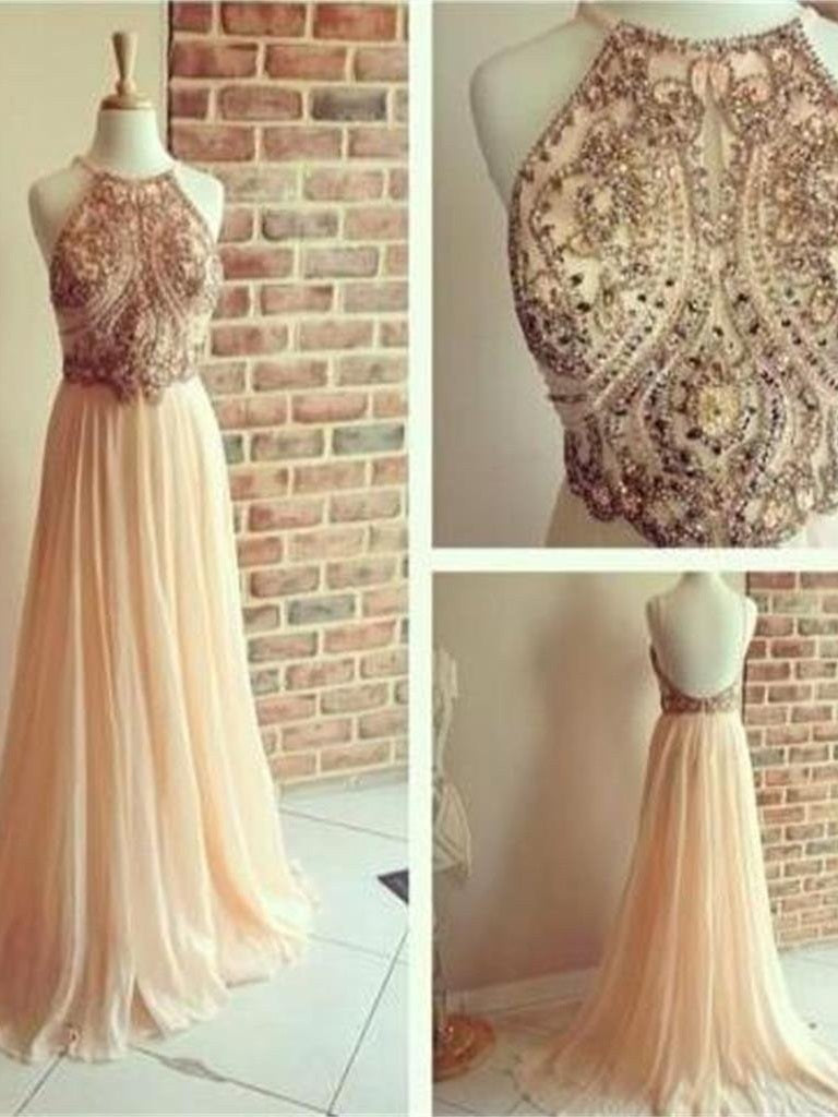 Dusty Pink Formal Dresses Backless Prom Dress Beaded Long Prom Dress MA041-Dolly Gown