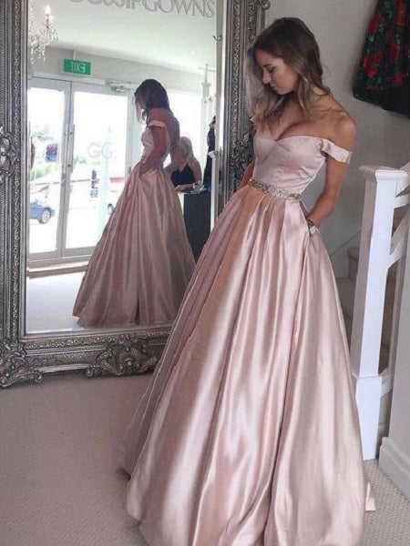 Dusty Pink Long Off Shoulders Prom Dress with Pockets MA005-Dolly Gown