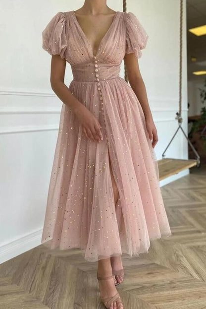 Dusty Rose Calf Length Wedding Guest Dress Cocktail Party Dress - DollyGown