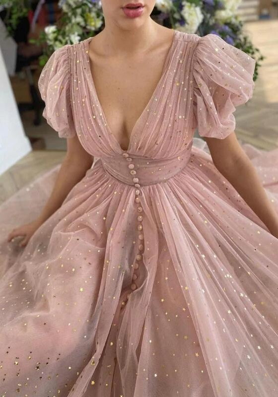 Dusty rose-pink ball gown with glittery sleeves on Craiyon
