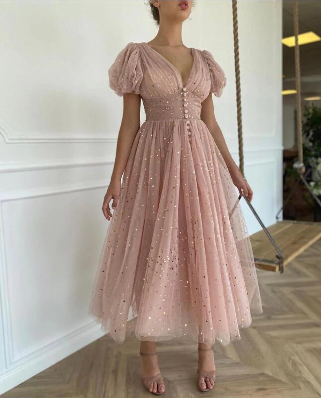Dusty Rose Calf Length Wedding Guest Dress Cocktail Party Dress - DollyGown