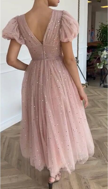 Dusty Rose Calf Length Wedding Guest Dress Cocktail Party Dress - DollyGown