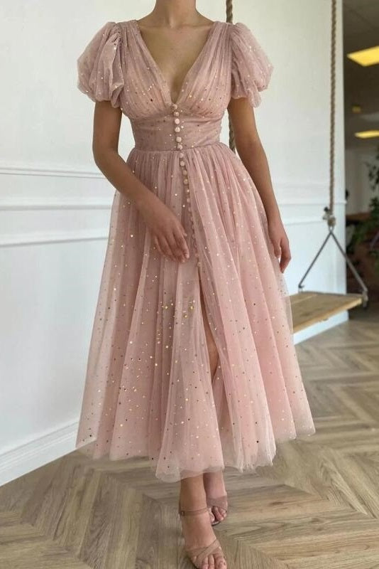 tulle wedding guest dress midi CUSTOM SIZE / Black Square neck Back Details Dusty Rose Calf Length Wedding