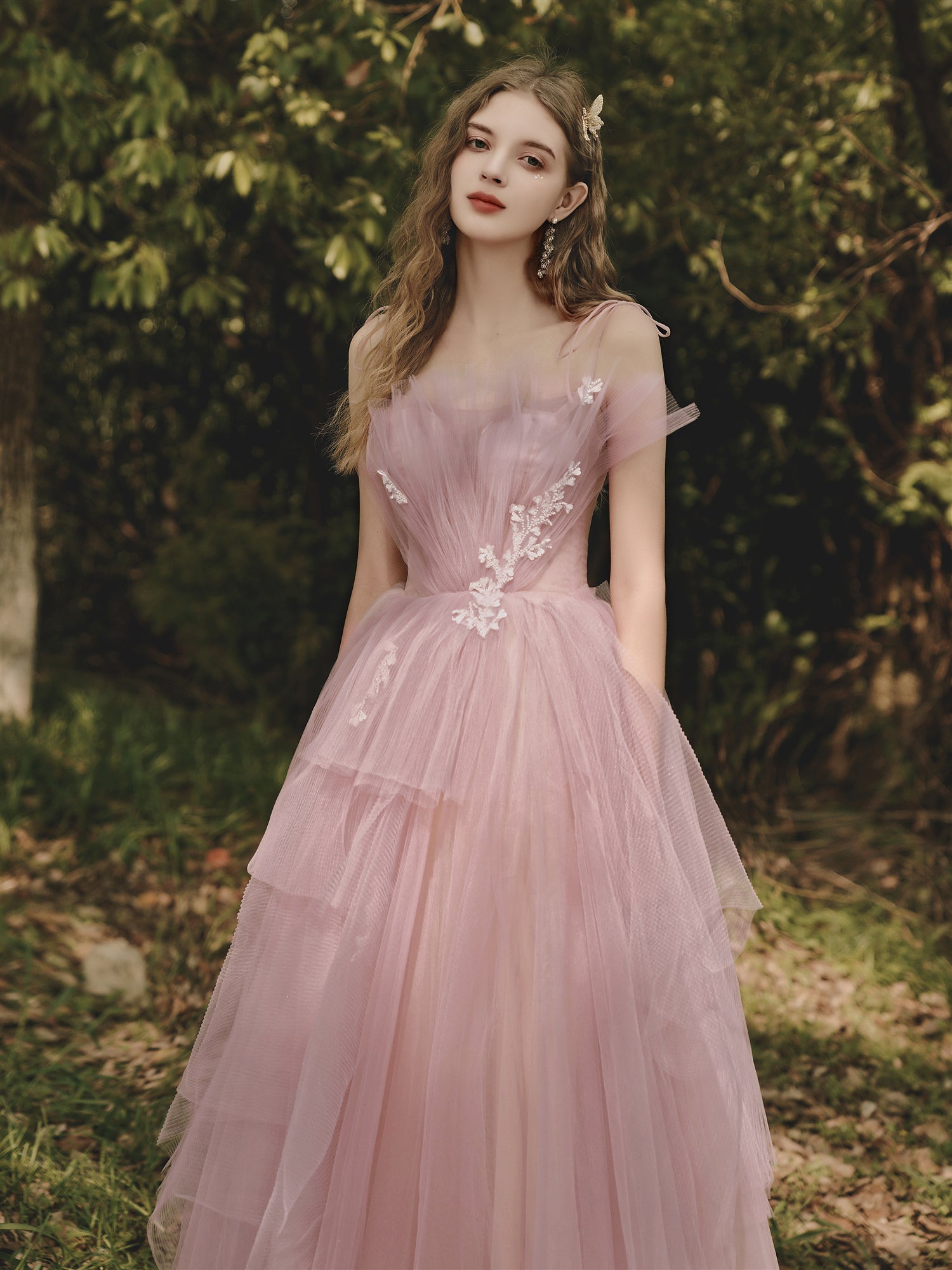Dusty Rose Flowy Tulle Tiered Prom Dress - DollyGown