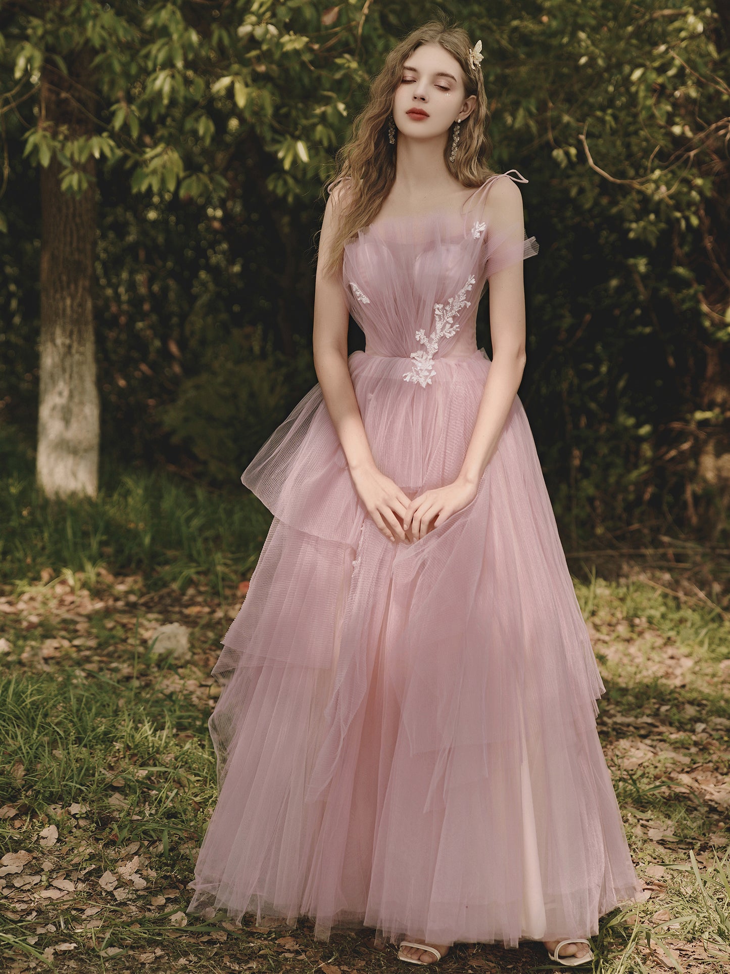 Dusty Rose Flowy Tulle Tiered Prom Dress - DollyGown