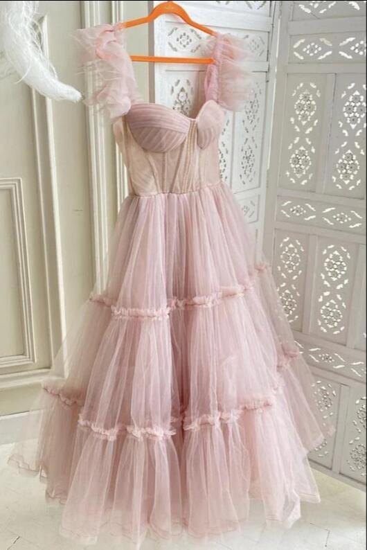 Dusty Rose Teried Tulle Tea Length Prom Dress - DollyGown