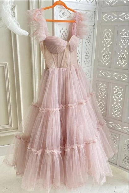 Dusty Rose Teried Tulle Tea Length Prom Dress - DollyGown