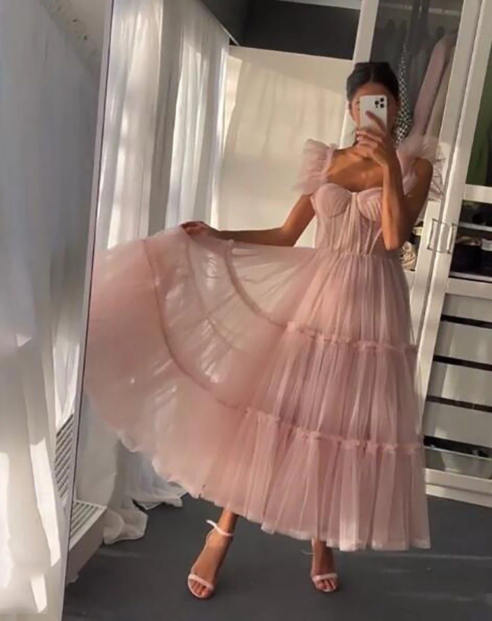 Dusty Rose Teried Tulle Tea Length Prom Dress - DollyGown
