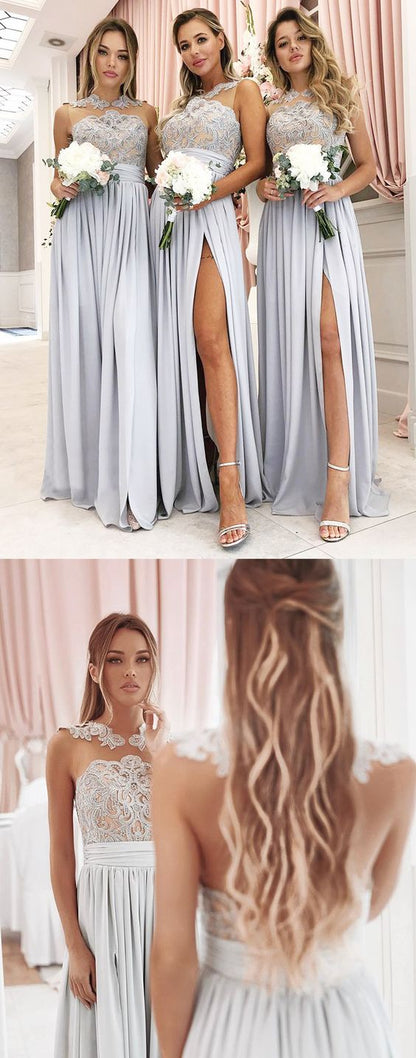 Dusty Blue Boho Jewel Neck Chiffon Slit Bridesmaid Dresses with Delicate Lace Top,GDC1213-Dolly Gown