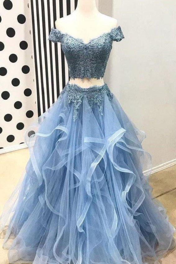 Dusty Blue Two Piece Off Shoulders Ruffles Skirt Prom Dress
