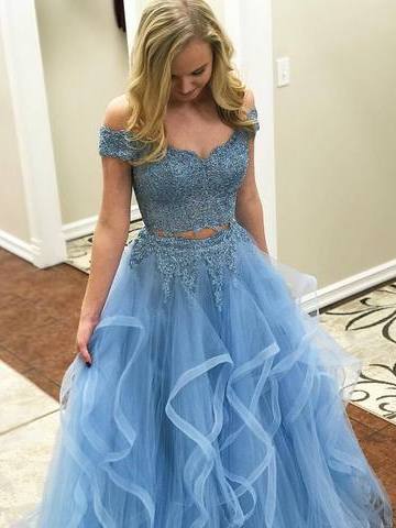 Dusty Blue Two Piece Off Shoulders Ruffles Skirt Prom Dress Dusty Blue Two Piece Off Shoulders Ruffles Skirt Prom Dress