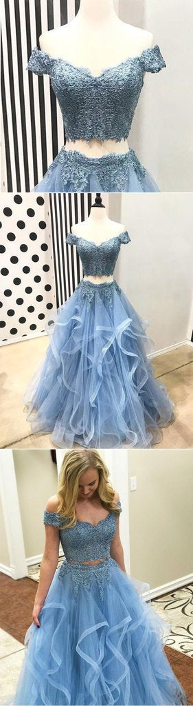 Dusty Blue Two Piece Off Shoulders Ruffles Skirt Prom Dress,Sweet 16 Dress,GDC1292-Dolly Gown