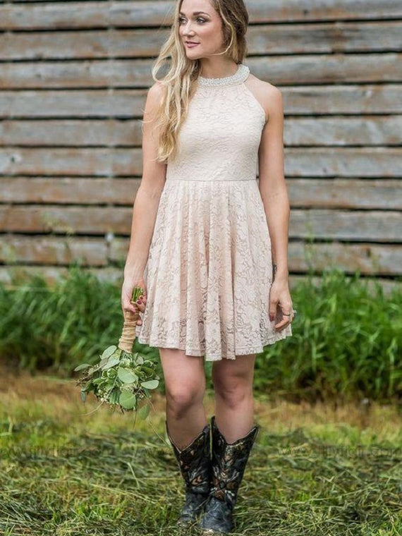 bridesmaid dresses cowboy boots Halter Yellow Mini Short Length Satin Rustic Country Bridesmaid Dresses  with Cowboy Boots