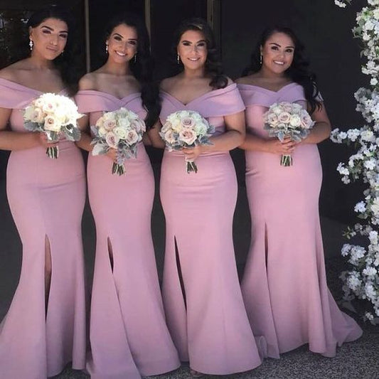 Dusty Pink Mermaid Side Slit Simple Off Shoulders Bridesmaid Dresses,GDC1077-Dolly Gown