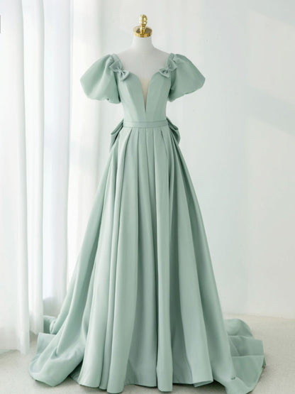 Mint Green A-line Long Formal Dress with Bubble Sleeves - DollyGown