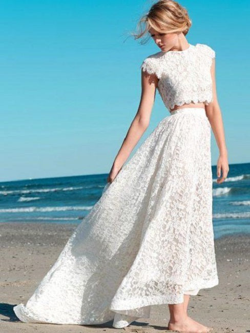 Elegant Cap Sleeves Two Piece Crop Top Lace Boho Hi-Lo Wedding Dress,20081401-Dolly Gown