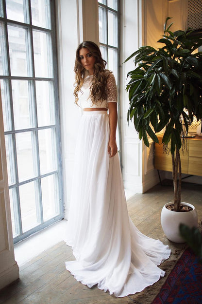 Elegant Chiffon Wedding Skirt and Top with Short Sleeves - DollyGown