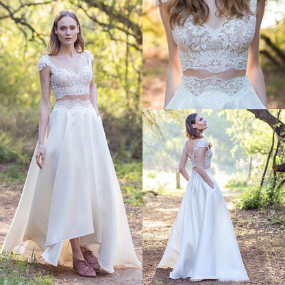 Elegant Lace Cap Sleeves Two Piece Wedding Dress