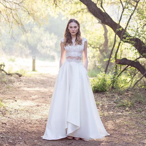 Elegant Lace Cap Sleeves Two Piece Wedding Dress, A-line Bridal Separates,20082676-Dolly Gown