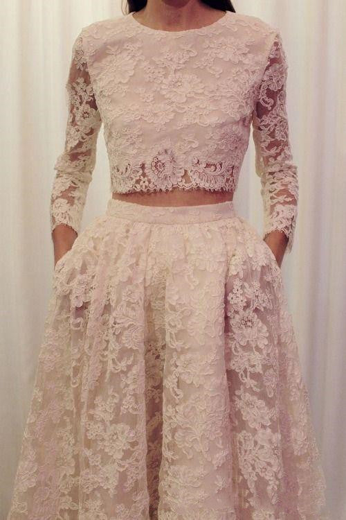 Elegant Lace Long Sleeves Modest Two Piece Bridal Separates with Pockets.20082680-Dolly Gown