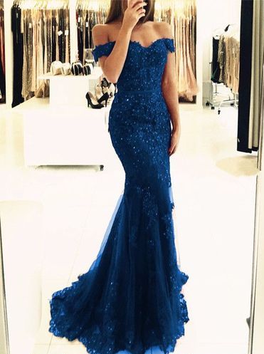 Elegant Blue Long Mermaid Lace Off  Shoulders Prom Dress Formal Dress ,GDC1089-Dolly Gown