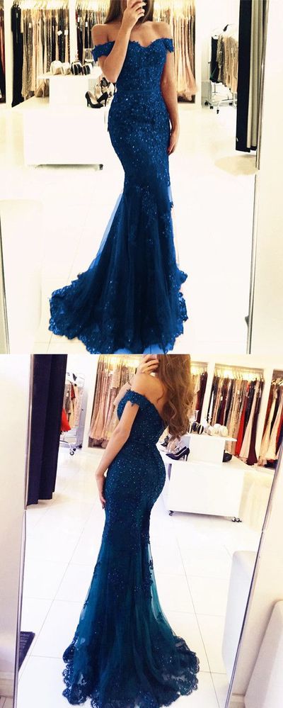 Elegant Blue Long Mermaid Lace Off  Shoulders Prom Dress Formal Dress ,GDC1089-Dolly Gown