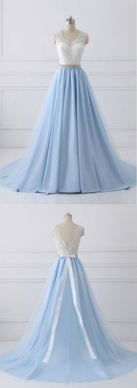 Elegant Long Blue Prom Dress with White Lace Top | Senior School Formal Dress Elegant Long Blue Prom Dress with White Lace Top | Senior School Formal Dress