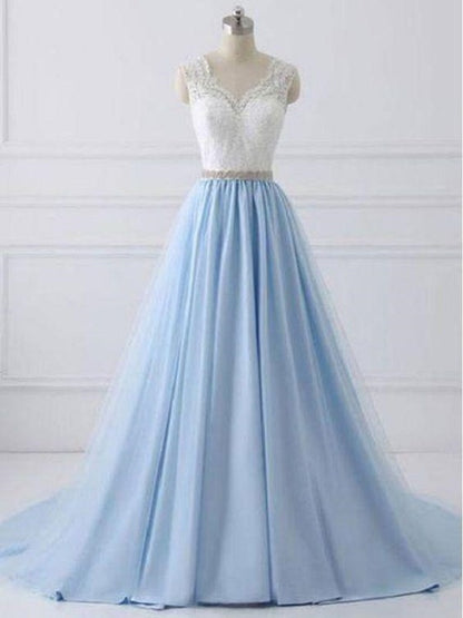 Elegant Long Blue Prom Dress with White Lace Top,Senior School Formal Dress,GDC1326-Dolly Gown