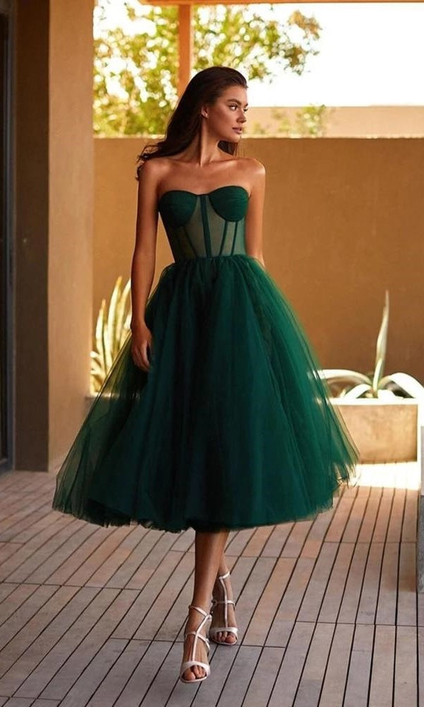 Emerald Green Tulle Corset Top Formal Midi Dress - DollyGown