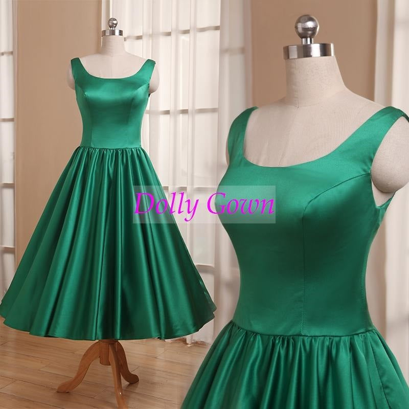 Emerald Green Bridesmaid Dress,Scoop Neck Tea Length 50s Style Bridesmaid Dress under $100-Dolly Gown