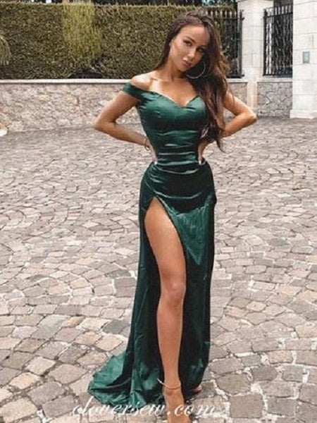 Emerald Green Long Off the Shoulder Tight Prom Dress with Slits,20081612-Dolly Gown