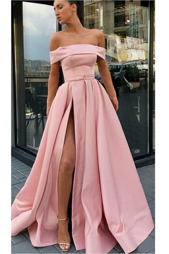 8516 Pink Off-Shoulder Slit Dress