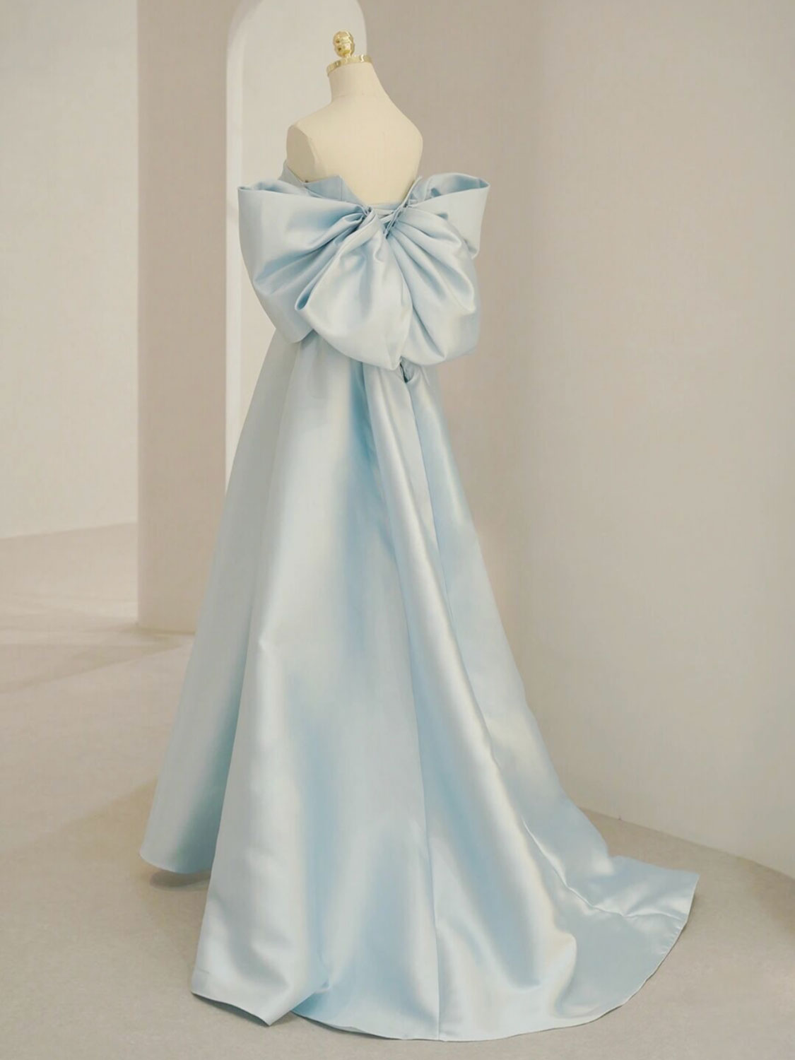 Light Blue A-line Strapless Satin Long Formal Dress with Bow Back - DollyGown